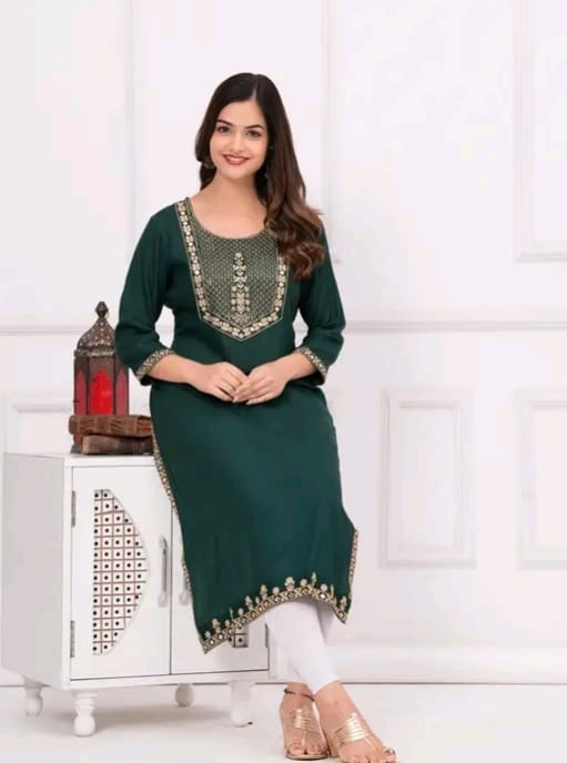 Women embroidered straight kurti - Image 1