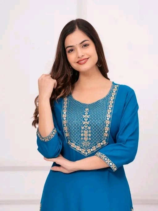Women embroidered straight kurti - Image 5