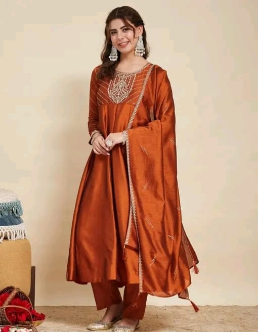 Embroidered silk anarkali suit - Image 1